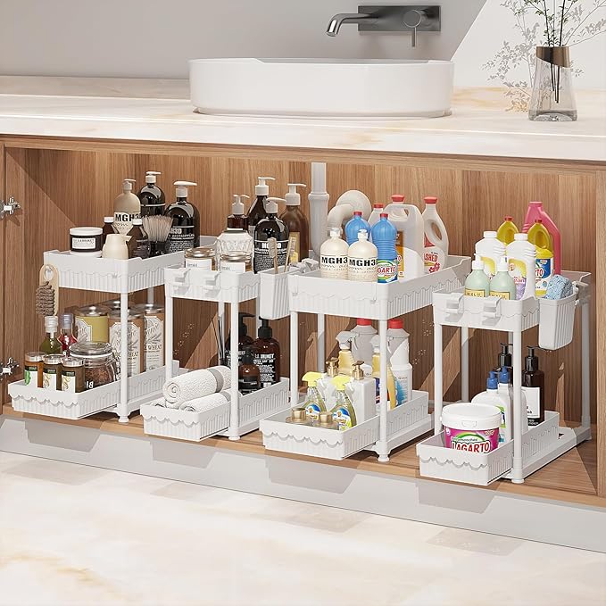 Under Sink Organizer, Bathroom Organizers and Storage, 2 Tier Multi-Use Pull Out Cabinet Organizer with Hang Hooks and Cups (White, 4 Pack)