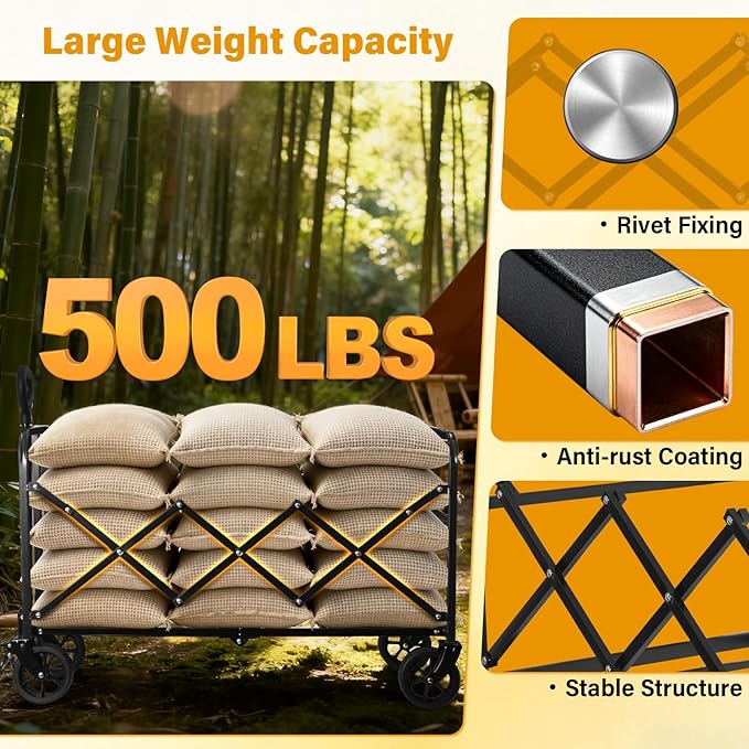Wagons Carts Foldable,Large Capacity Foldable Wagon Cart Collapsible Wagon with Wheels & Drink Holders,Heavy Duty Utility Folding Cart for Camping Garden Grocery Shopping