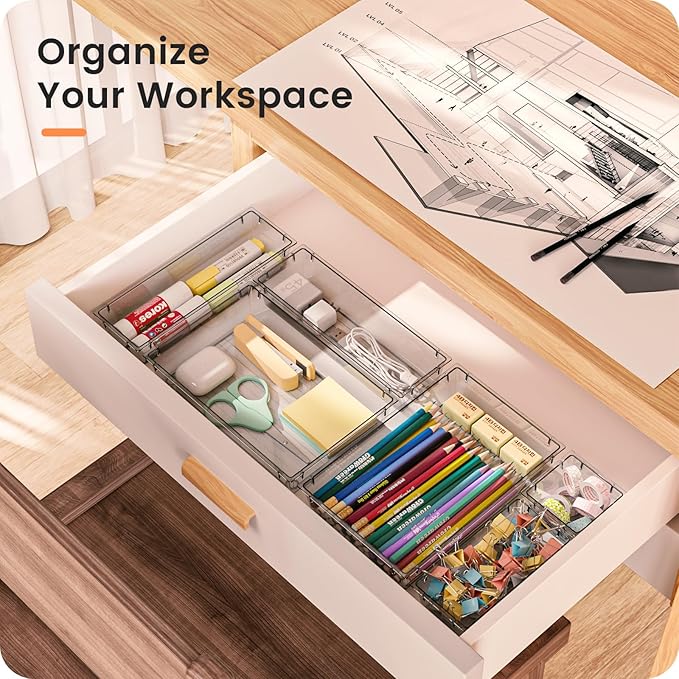 【28pcs】 【5size】 Drawer Organizer, Makeup organizer, 【Holds 177 Items】 Bathroom Organizers and Storage, Plastic Desk Organizer Divider, Organizer Bins(5size)(Transparent) A-LuGei