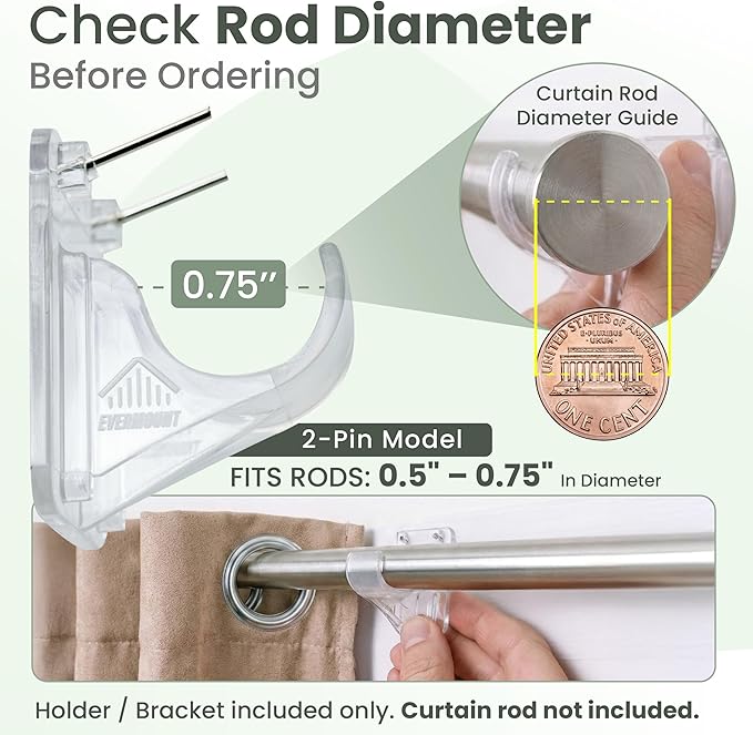 No Adhesive Heavy Duty Curtain Rod Holders with Wide Hook, 5X Stronger Than Adhesive Curtain Rod Hooks,Tension Curtain Rod Bracket for Wall with Pin Guide, Curtain Wall Mount (12 Pack, For 0.75" Rods)