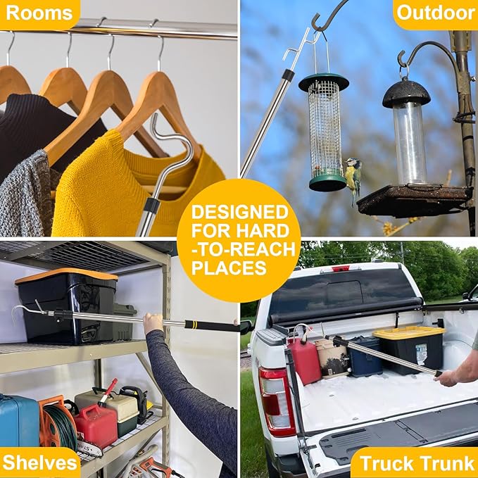 Clothes Hook Pole, High Reach Garment Hook 38“ - 63” Telescoping Pole with 3 Hooks and Foam Handle for Hanging Clothes String Lights Plants Grabbing Trunk Cargo Shelf Items