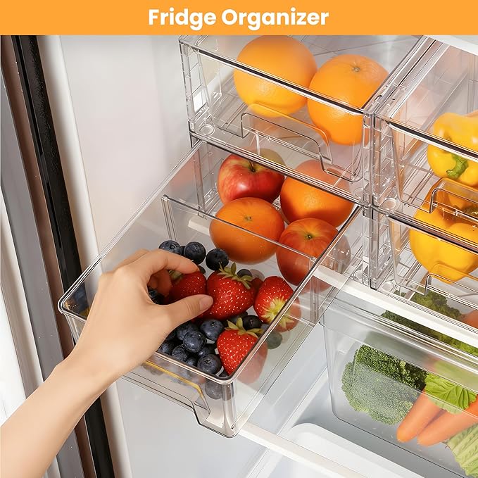 4 Pack Stackable Storage Drawers, Bathroom & Undersink Organizer with Removable Dividers - Acrylic Drawer Organizers with Handles for Fridge, Kitchen Cabinet, Pantry Storage