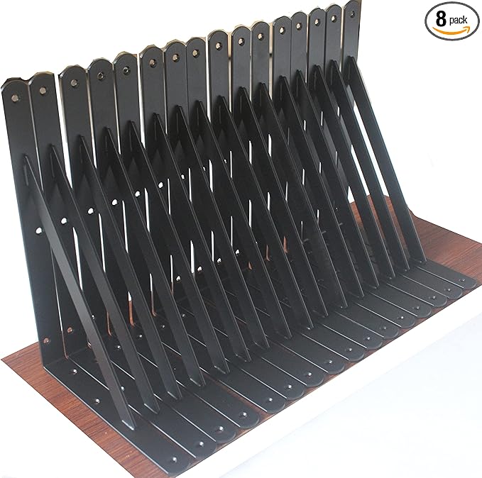 8 Pack L12 x H 8" Black Heavy Duty Shelf Brackets with Screws Metal Shelf Brackets Shelf Support Angle Brackets for Shelves L Brackets Heavy Duty Floating Shelf