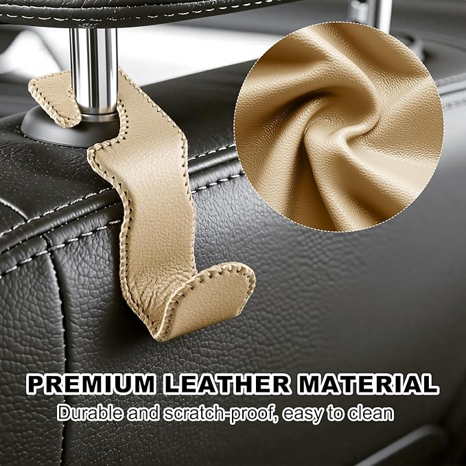 EldHus Car Seat Hooks for Purses and Bags, 4 Pack Car Purse Holder for Grocery Bag Handbag Clothes, Metal Headrest Hooks Covered by Leather, Beige