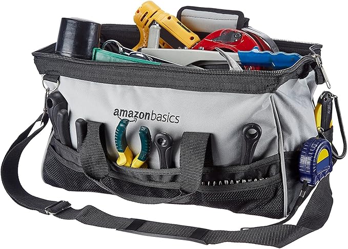 Amazon Basics Durable Wear-Resistant Tool Storage Bag with Adjustable Shoulder Strap, Portable Tool Organizer, 16 in, Black & Grey