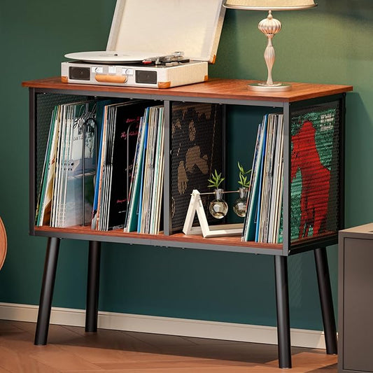Record Player Stand with Adjustable Divider Vinyl Storage Holder Up to 200 Albums Mid-Century Large Record Player Table Vinyl Holder Turntable Stand End Table for Bedroom & Living Room, Patent Pending