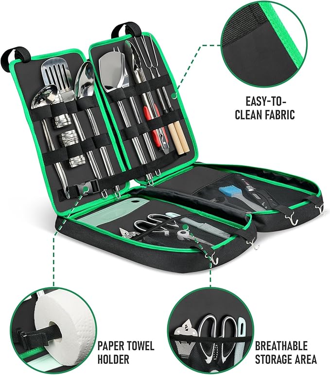 FANGSUN Camping Cooking Utensils, 16 PCS Portable Camping Kitchen Set with Grill Accessories, Camp Gifts for Men Dad, New Year‘s Presents for RV, Hiking, Picnic, Backpacking