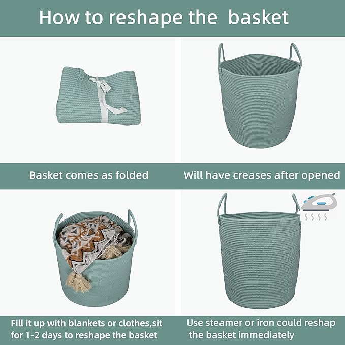 XUANGUO Cotton Rope Laundry Basket Hamper for Clothes Woven Storage Basket for Living Room Bedroom Boho Tall Rope Baskets for Blanket Toys Pillow Towels Baby Nursery Hamper Bin Large light green