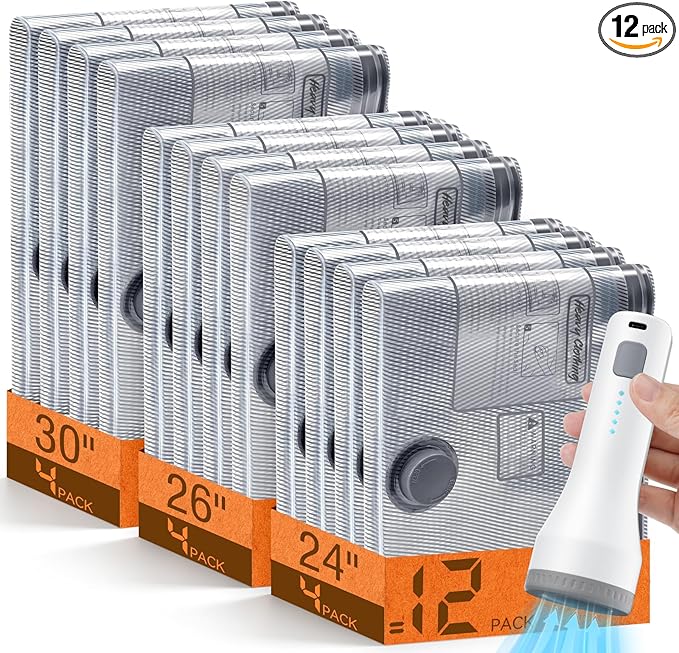 12 Pack Vacuum Storage Bags for Travel with Rechargeable Cordless Pump, Space Saver Bags for Clothes, Compression Packing Bags for Luggage and Suitcase, 12 Combo Size