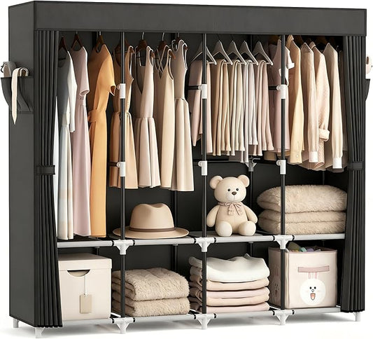 VTRIN Portable Closet for Hanging Clothes 67 Inch Wide Large Capacity Portable Wardrobe Closet with Cover, 4 Storage Shelves and 4 Hanging Rod Sturdy Free Standing Closet for Bedroom, Black