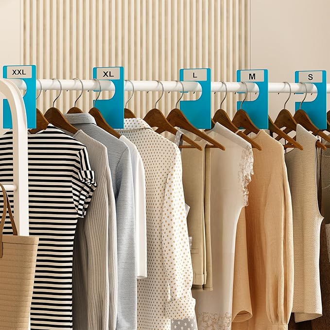 10 Pack White Clothing Rack Size Dividers Plus 45 Labels (1 Inch) and 18 Large Blank Labels, Large Rectangular Clothing Closet Dividers (Blue)