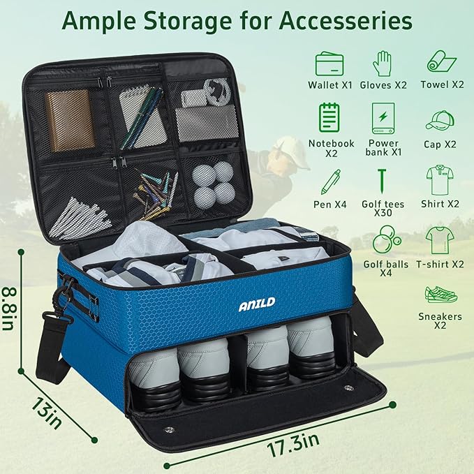 ANILD Golf Trunk Organizer, 2 Layer Golf Storage Case with Separate Ventilated Compartment for 2 Pair Shoes, for Balls, Tees, Clothes, Gloves, Accessories, Golfer Gifts