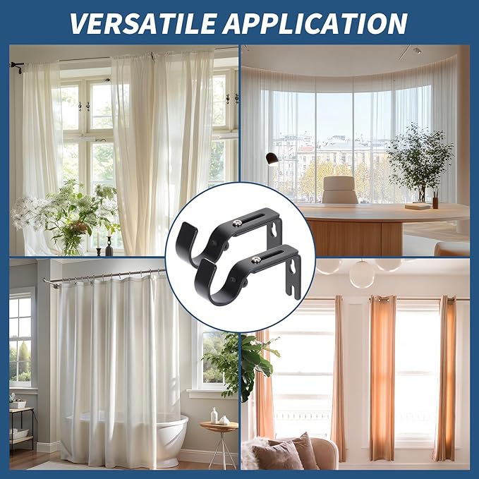 Premium Curtain Rod Brackets for Wall - Adjustable Hooks, Iron Holders for 1 Inch Rod - Black (2 PCS)
