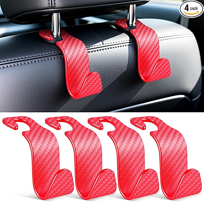 SINGARO Universal 4 Pack Car Seat Headrest Purse Hook, Carbon Fiber Back Seat Hook Storage Organizer Hanger for Purse Handbag Coat, Car Interior Accessories(Red)
