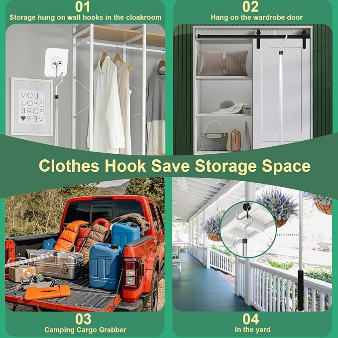Clothing Hook Pole,51 Inch Closet Pole Reach with Hook Stainless Steel Sponge Handle Length Clothes Hook Pole Get Clothes From High Places Be Used Shutters Ceiling
