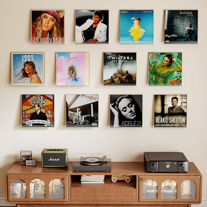Laurensory 12 Pack Vinyl Record Shelf Wall Mount Shelves, 12 inch Clear Acrylic Vinyl Record Holder Display, Floating Shelves for Wall Decor, Magazine Rack, Kids Bookshelf, for Bedroom, Living Room