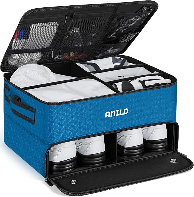 ANILD Golf Trunk Organizer, 2 Layer Golf Storage Case with Separate Ventilated Compartment for 2 Pair Shoes, for Balls, Tees, Clothes, Gloves, Accessories, Golfer Gifts