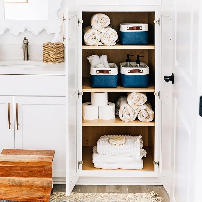 OrganiHaus Small Fabric Storage Baskets 3 Pack, 12x8in Cloth Storage Bins for Shelves, Small Baskets for Organizing Bathroom Pantry Closet, Canvas Shelf Baskets, Navy Blue/Off-White