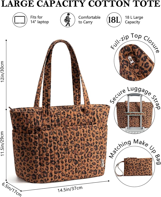 Bagstellar Puffer Tote Bag for Women, Quilted Cotton Laptop Work Tote Shoulder Bag for College School, Teacher, Nurse, Travel | Top Full-zip Closure