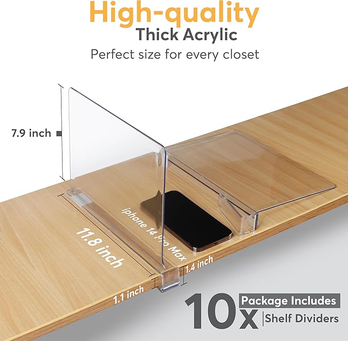 10 Pack Acrylic Shelf Dividers for Closet 11x7.9 Inch – Acrylic Dividers for Shelves Clear Closet Shelf Separators for Purses, Clothes Storage – Vertical Bookshelf Dividers for Bedroom & Kitchen