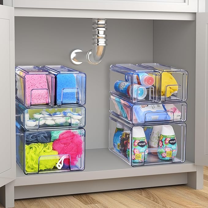 Sorbus 1 Large & 2 Small Clear Stackable Storage Drawers, Plastic Organizer Bins with Handles, Pull-Out Stackable Drawers for Bathroom Closet, Medicine, Cabinet, Pantry Storage, Baby Bottle Organizer