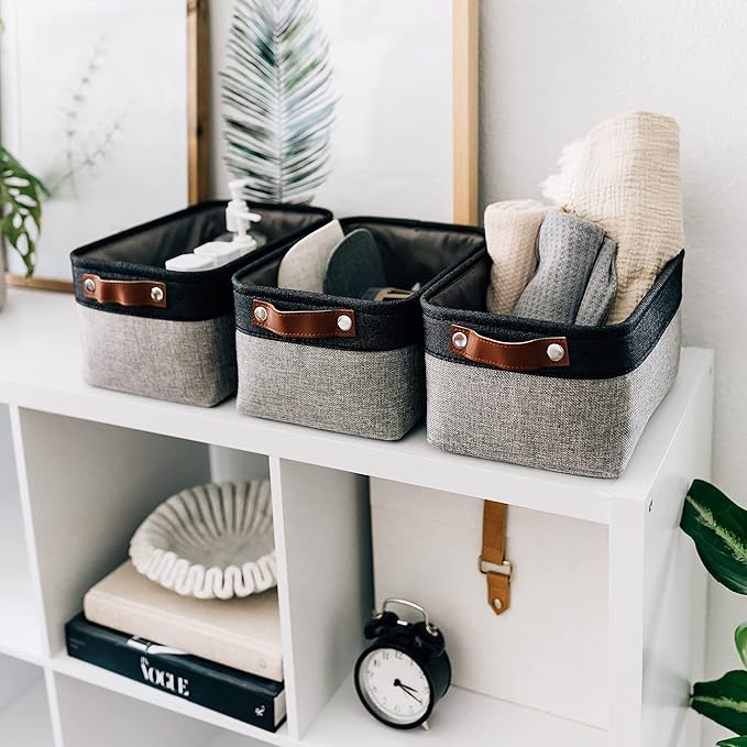 OrganiHaus Small Fabric Storage Baskets 3 Pack, 12x8in Cloth Storage Bins for Shelves, Small Baskets for Organizing Bathroom Pantry Closet, Canvas Shelf Baskets, Gray/Black