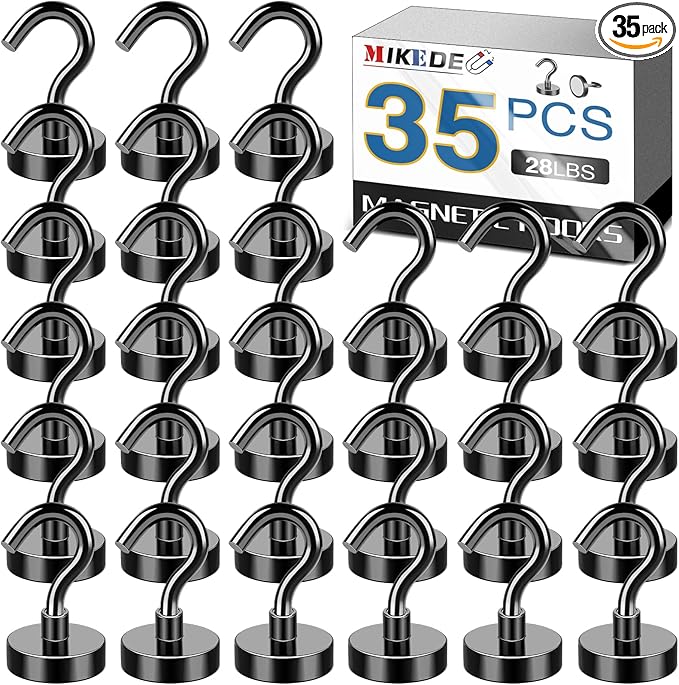 MIKEDE Black Magnetic Hooks 30Lbs Heavy Duty Earth Magnets with Hooks for Cruise Cabin Strong Magnet Hooks for Hanging Super Metal Magnetic Hanger for Grill Fridge Kitchen - Pack of 35