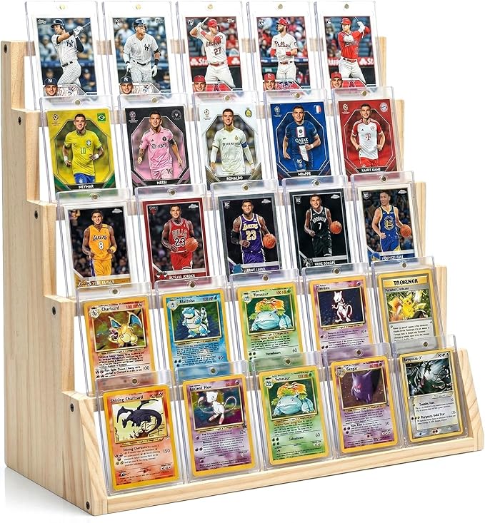 5 Tier Wooden Card Display Stand – Vertical Card Holder Display for Trading Cards, Game Cards, Sports Cards, Graded PSA/BGS/SGC, Baseball, Basketball&Football(Soccer) Card Stand, Desk & Shelf Organize,Natural