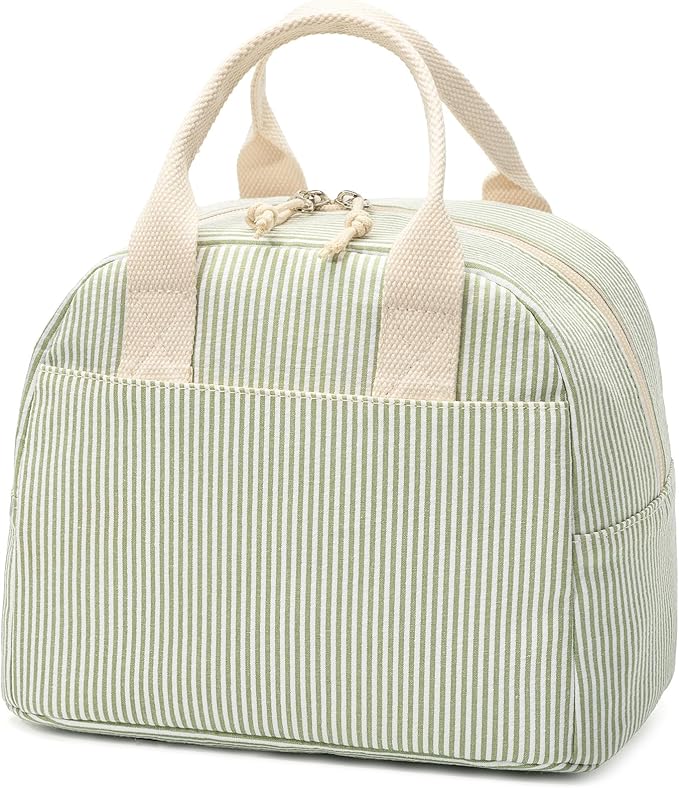 LOVELYWIND Insulated Lunch Bag for Women, Reusable Green Striped Lunch Box Cooler Bag with Large Capacity, Durable Lunch Tote for Work