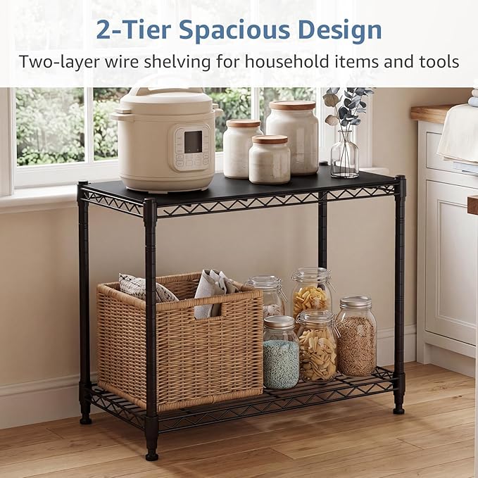 DUMOS 2-Tier Metal Wire Storage Shelves, Adjustable Standing Storage Rack Shelf, Heavy Duty Steel Shelving Unit Organizers for Kitchen Bathroom Pantry Garage, 23.3" W×13.4" D×22.1" H, Black