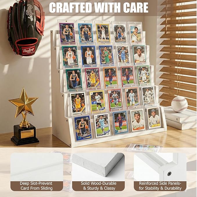 5 Tier Wooden Card Display Stand – Vertical Card Holder Display for Trading Cards, Game Cards, Sports Cards, Graded PSA/BGS/SGC, Baseball, Basketball&Football(Soccer) Card Stand, Desk & Shelf Organize,White