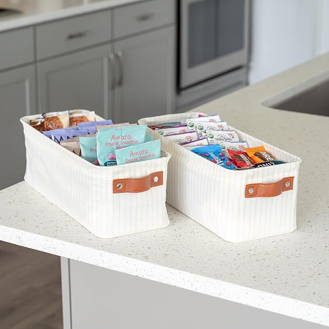 OrganiHaus Narrow Fabric Storage Baskets 2 Pack, Narrow Storage Bins for Shelves, Closet Storage Bins for Pantry Entryway Bathroom, Cloth Canvas Basket, White/Brown