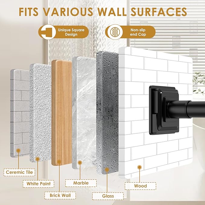 Black Shower Curtain Rod,Spring Tension Curtain Rod 30-64”,No Drill or Screw Installation Shower Rod for Bathroom, Closet, Kitchen with Brackets