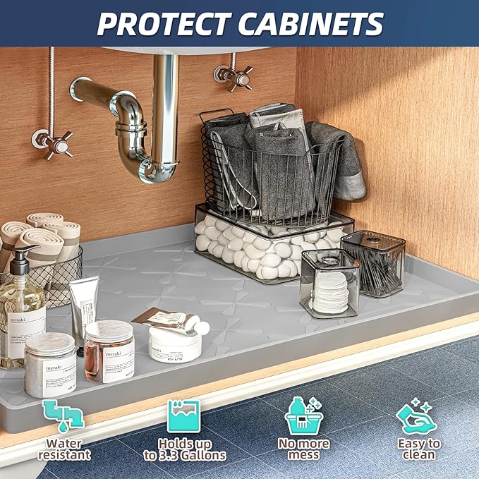 SIKADEER 31" x 22" Under Sink Mat Waterproof, Silicone Mat Kitchen Drawer Shelf and Cabinet Liner, Sink Protector for Kitchen Organizers and Storage, Boot Tray Pet Food Mats