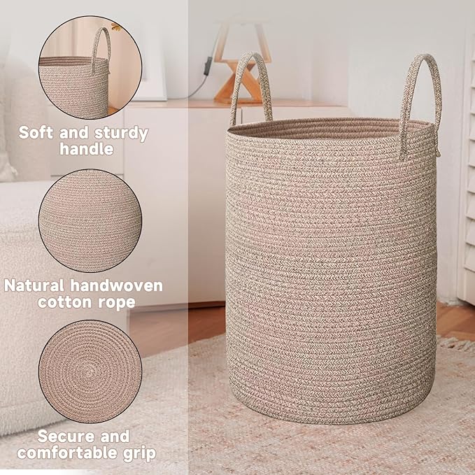 JMvicyroam Large Woven Laundry Basket Hamper,100L Cotton Rope Storage Bin for Blankets,Toys and Clothes,Decorative Tall Nursery Hamper for Living Room,Baby Nursery,Bathroom and Bedroom,Oatmeal