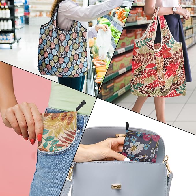 Cute Reusable Grocery Bags, 4 Pack (50Lbs Capacity) - Foldable & Washable Market Totes, Bulk Cloth Bags for Shopping, Travel, Storage, or as Reusable Gift Bags for Women