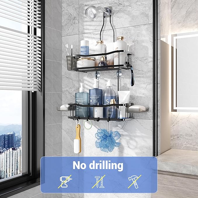Aitatty Hanging Shower Caddy Bathroom Organizer: Rustproof Shower Shelf Racks Over Shower Head - No Drilling Inside Bath Shower Rack Shelves Over Showerhead for Shampoo with Soap Holder Black