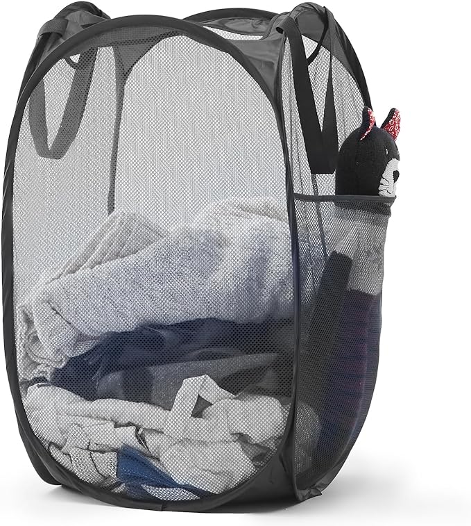TECHMILLY Upgraded 105L Collapsible Mesh Pop Up Laundry Hamper with Sturdy Handles and Side Pocket - Portable Foldable Clothes Baskets for Dorm, Bathroom & Travel Storage (Black Plus)