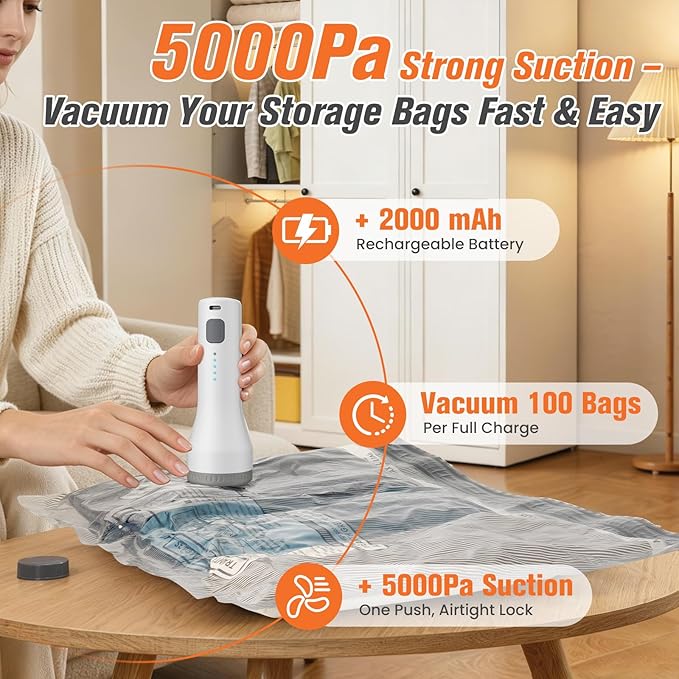 12 Pack Vacuum Storage Bags for Travel with Rechargeable Cordless Pump, Space Saver Bags for Clothes, Compression Packing Bags for Luggage and Suitcase, 12 Combo Size