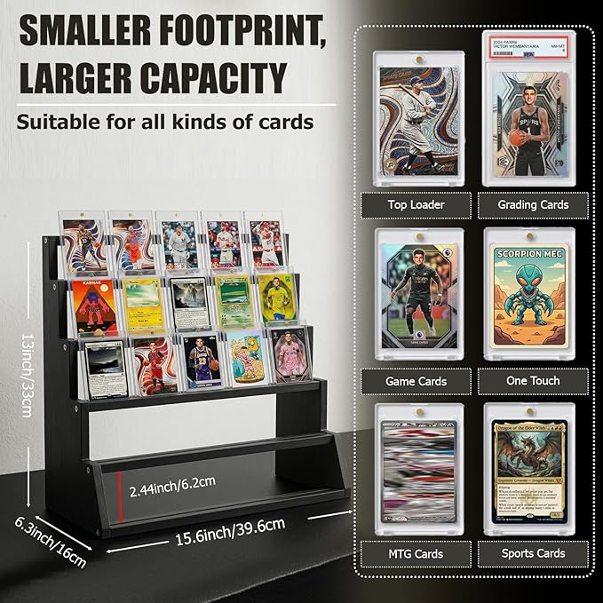5 Tier Wooden Card Display Stand – Vertical Card Holder Display for Trading Cards, Game Cards, Sports Cards, Graded PSA/BGS/SGC, Baseball, Basketball&Football(Soccer) Card Stand, Desk & Shelf Organize,Black