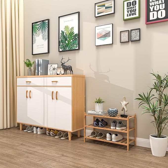 Shoe Rack, 3-Tier Bamboo Stackable Shelf Storage Organizer, Stand for Closet, Entryway, Hallway, Bathroom and Living Room（Natural）