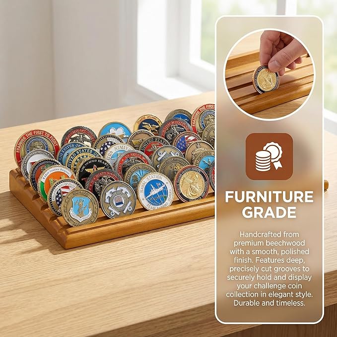 DisplayGifts Challenge Coin Display Stand, 6 Row Wooden Holder Rack Case Holds 42 Coins (Light Walnut Finish - 6 Rows)