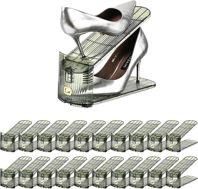 Shoe Slots Organizer,Adjustable Shoe Rack with Three Levels,Shoe stackers for a Pair of Shoes (Green Clear, 20 Pack)