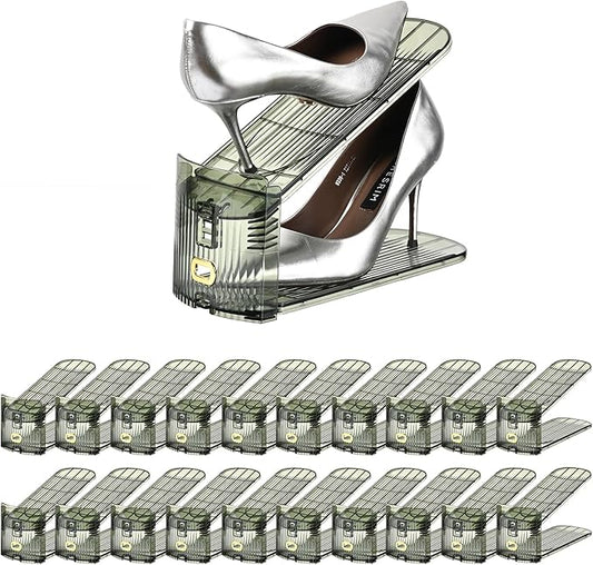 Shoe Slots Organizer,Adjustable Shoe Rack with Three Levels,Shoe stackers for a Pair of Shoes (Green Clear, 20 Pack)