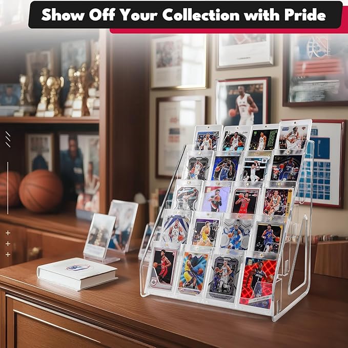 Trading Card Display Stand, Vertical Holder for Baseball Basketball Sports Graded Card Display Stand Tabletop for PSA BGS SGC Slabs, Snap-On Assembly(5 Tier, 2 Pack)