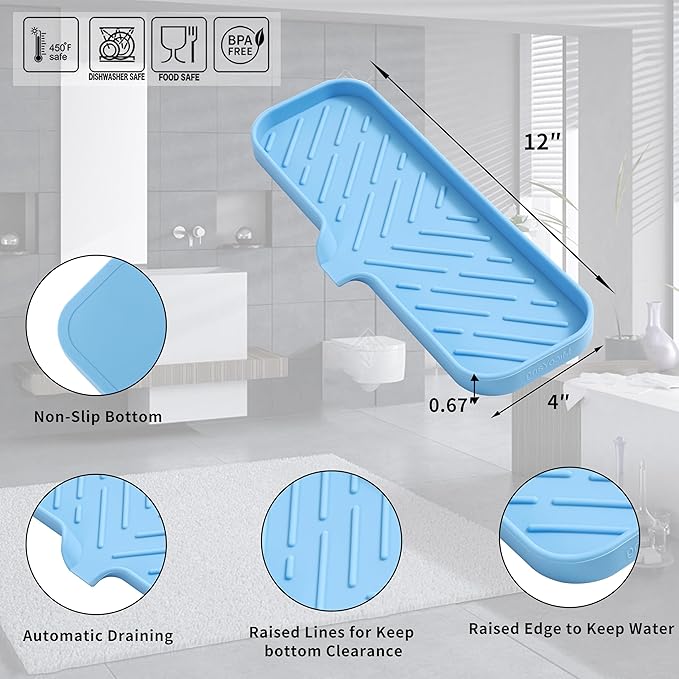 MicoYang Silicone Soap Dish with Drain Spout — Self-Draining Double Sink Organizer Tray for Kitchen & Bath, Dispensers, Sponges & Soap Holder, Non-Slip & Dishwasher Safe, Light Blue (Large, 12"×4")