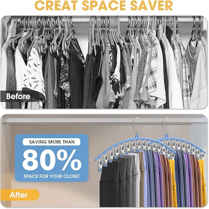 3 Pack Skirt Pants Hangers with Clips, Legging Organizer for Closet Hanging with 10 Cilps Holds 30 Leggings/Shorts/Jeans/Skirts Pants Hangers Space Saving Closet Organizers and Storage, Blue
