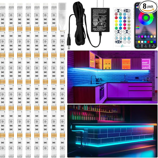 LAFULIT 8 PCS RGB Under Cabinet Lights Kit, App and Remote Control Led Strip Lights, Music Sync Color Changing Led Lights, Plug in Light for Cabinet, Counter, Shelf, Bookcase, 13ft