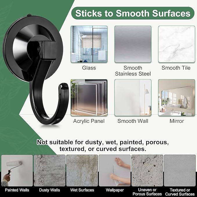 ANDGOO Large Suction Cup Hooks for Door Wreaths, 4 Pack Wreath Hangers for Front Door, Glass, Window, Shower, Upgraded 1.9" Diameter Wreath Holder, No Tools, No Damage, Holds Up to 22 lbs, Black