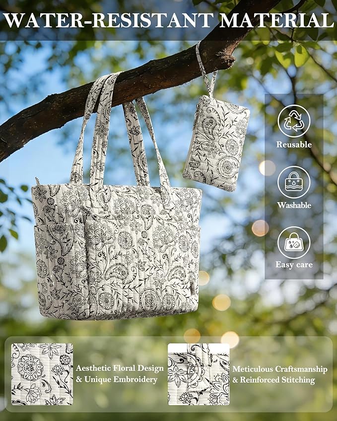 Bagstellar Puffer Tote Bag for Women, Quilted Cotton Laptop Work Tote Shoulder Bag for College School, Teacher, Nurse, Travel | Top Full-zip Closure